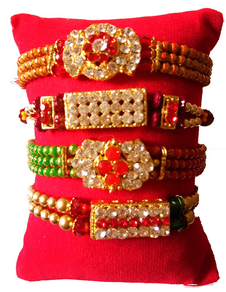 Avanti CreationsMulticolor Diamond Studded Bracelet Rakhi For Brother With Roli Chawal Rakhi For Bhaiya Bhabi Rakhi Set Rakhi Set For Brother Combo Pack Of 4 Different Pattern Rakhi