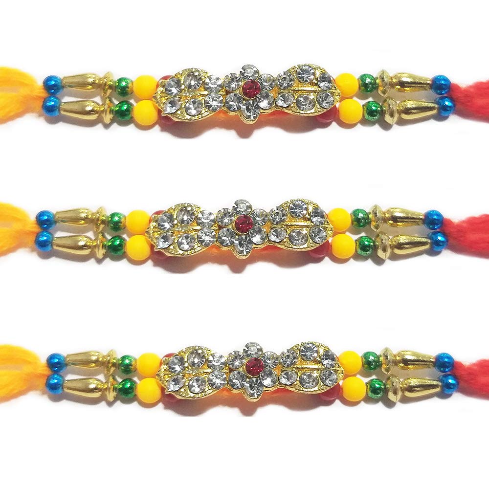 WhopperIndiaSet of 3 Center 18 Small Diamond and Beads Traditional Rakshabandhan Rakhee Bracelet Color and Design May Vary