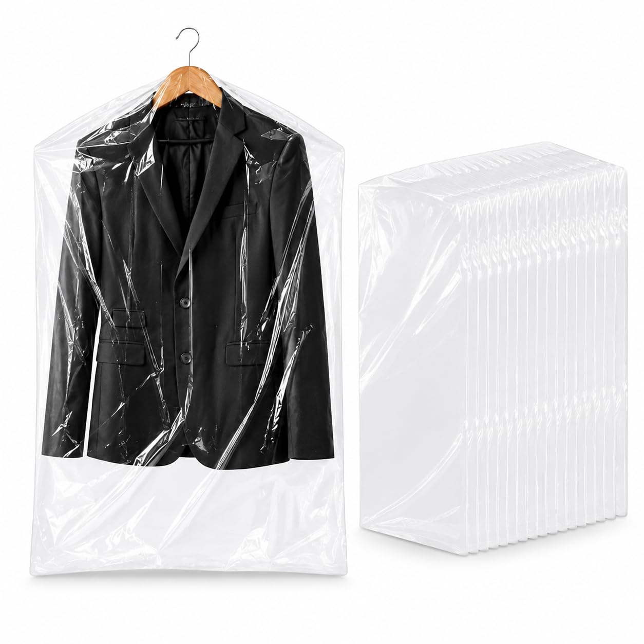 40 Pack Clothes Covers, Plastic Garment Bags & Suit Covers 60x90cm | Clear PE 60x90cm hanging dust covers for shirts, suits, dresses, jackets, wardrobes, retail rails and dry cleaners