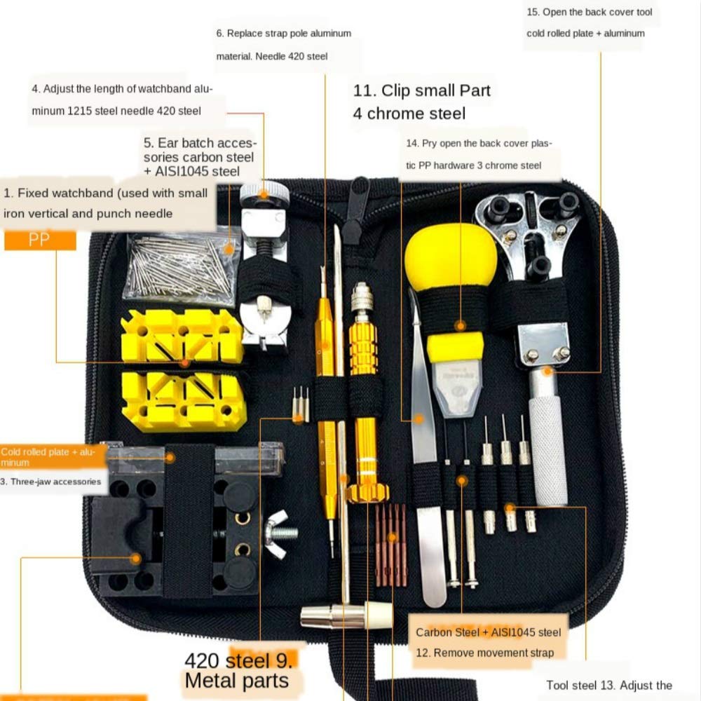 Outil Montre Watch Repair Tool Tool Kit Montre Link Link Remover 148pcs / Set Outils de Montre Professionnels Outils de réparation d'horloge Kit Sac Sac Horloge Kit Reparation Montre