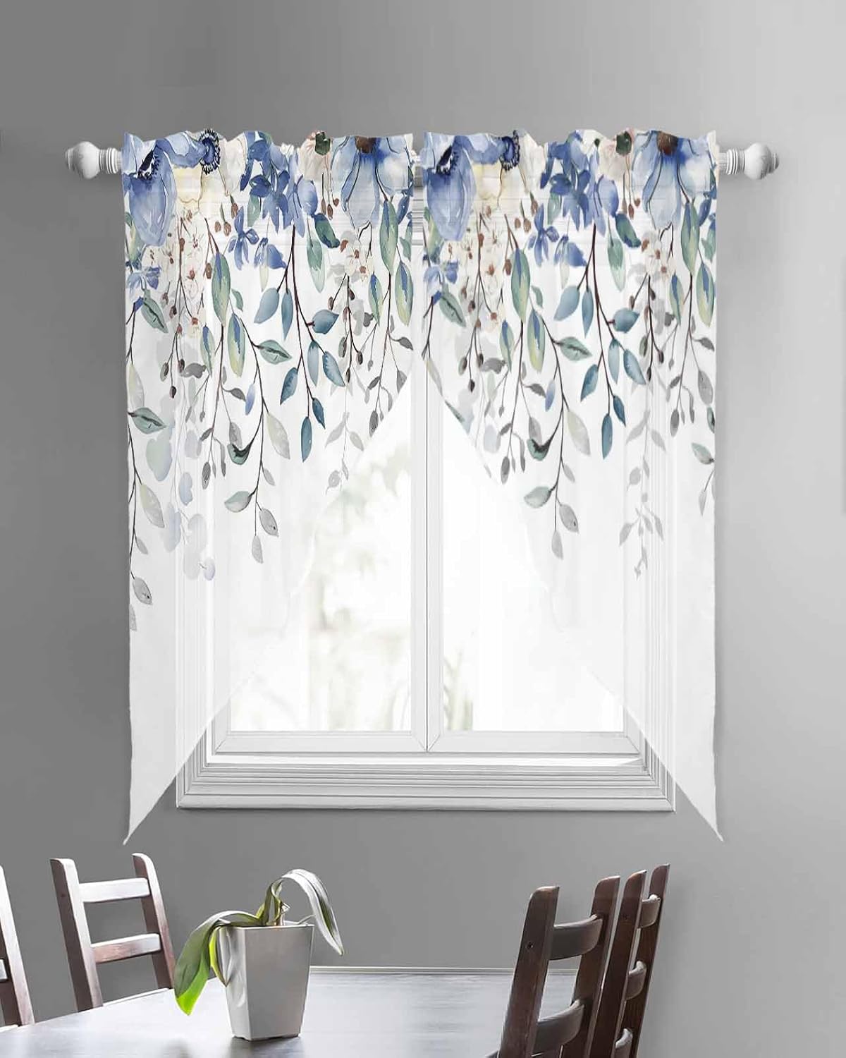 Blue Eucalyptus Leaf Swag Valances for Windows Summer Flowers Leaves Watercolor Semi Sheer Valance Curtains Floral Voile Swags Topper Curtain for Kitchen Living Room Bedroom, 2 Panels, 36x63 Inch