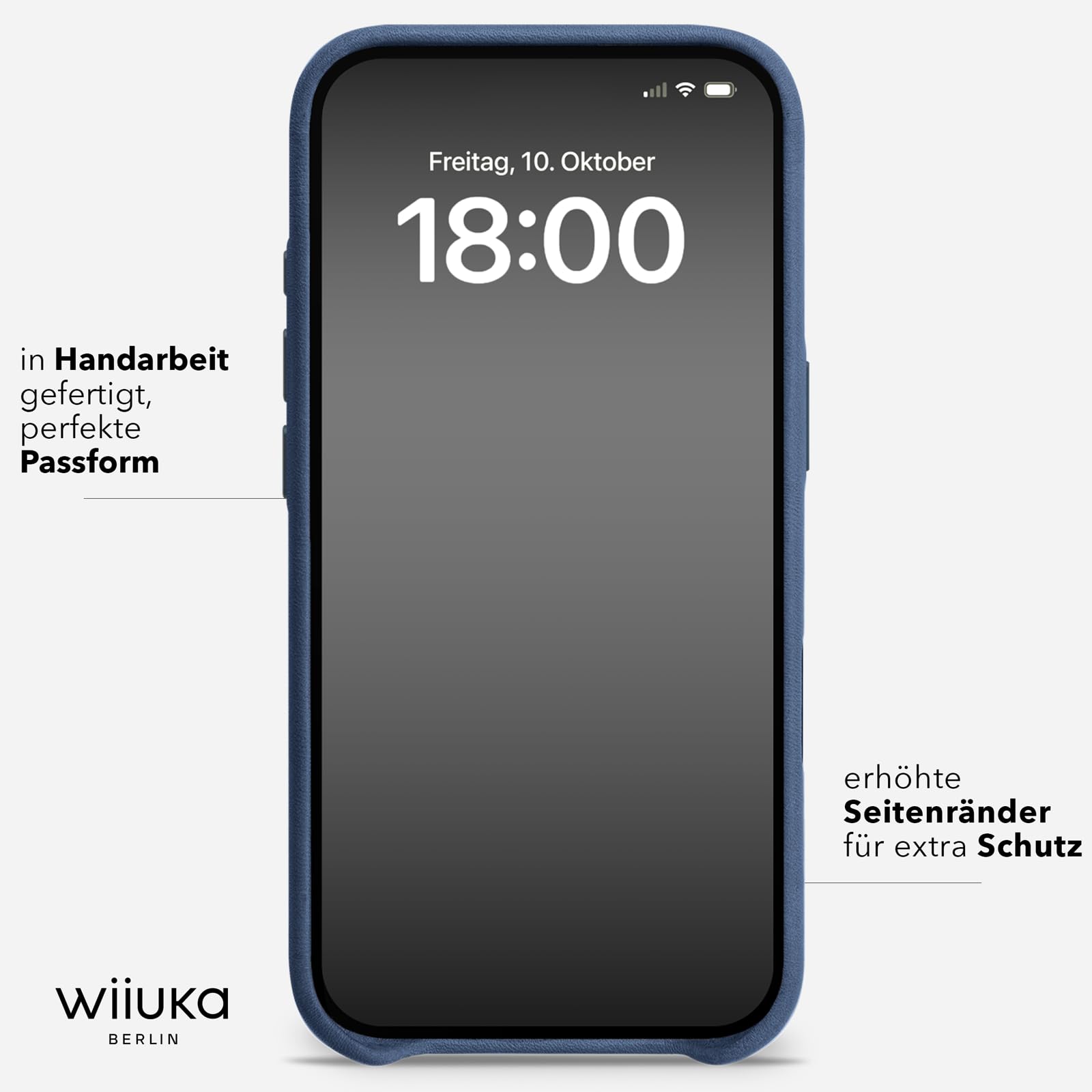 WIIUKA Hülle für iPhone 17 Pro, Leder aus Deutschland, Lederhülle extra Dünn, Premium Handyhülle, Case, Qi, skiin, Blau Nachtblau