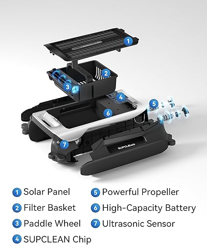 Miniatura 10 de Robot desnatador eléctrico automático de piscina 24/7 con soporte de aplicación, limpiador de superficie flotante para piscina sobre el suelo