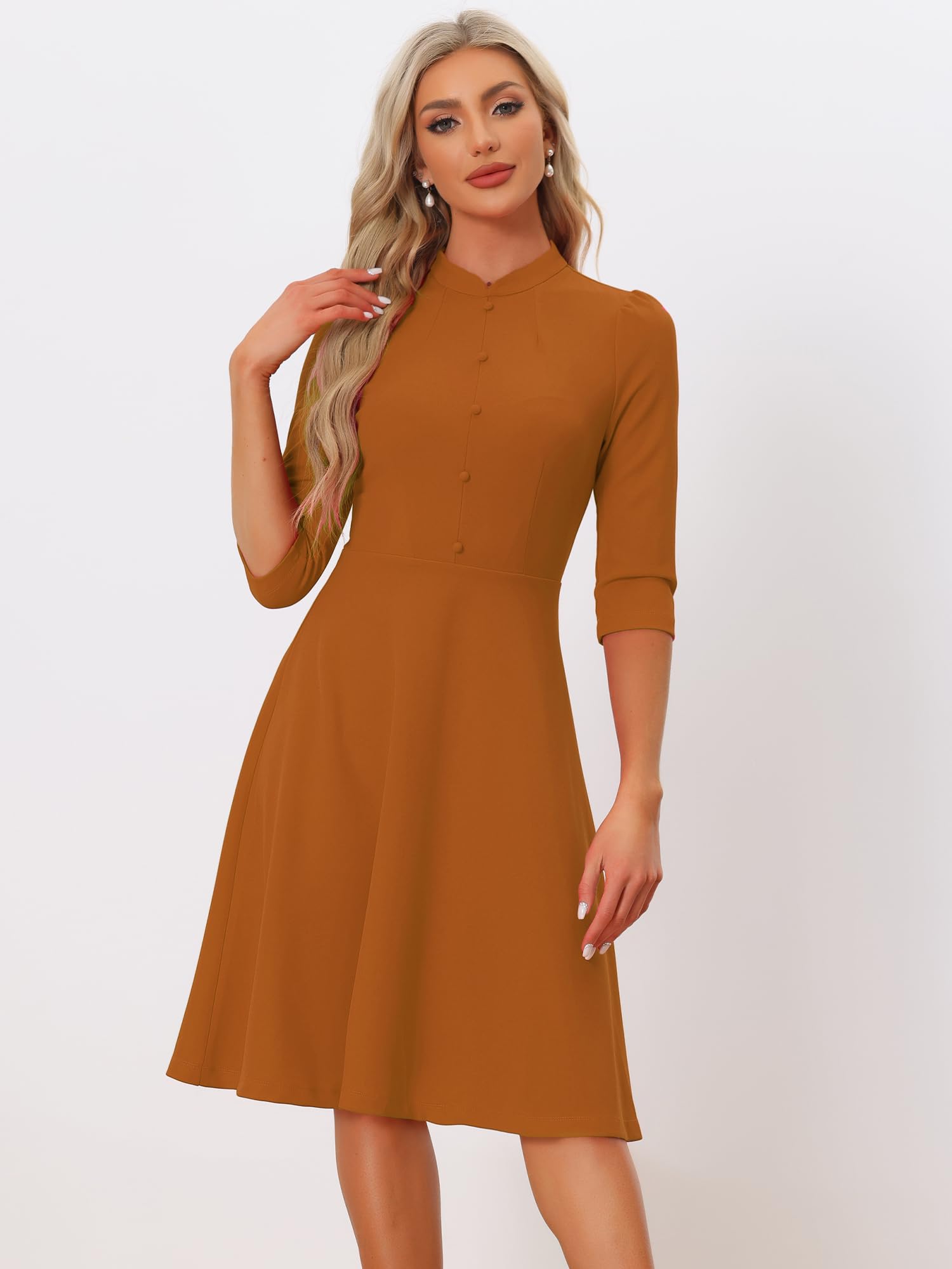 Allegra K Vestidos de Tubo para Mujer de Manga 3/4 con Cuello Alto Elegante Vestido de línea A de Negocios