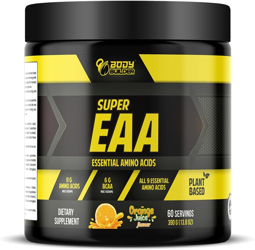 Body Builder Super EAA - 390g, Essential Amino Acids for Muscle Growth, Recovery and Endurance, High BCAA, Enhanced Performance and Immunity Support, post-workout fuel (Orange Juice, 60 Servings)