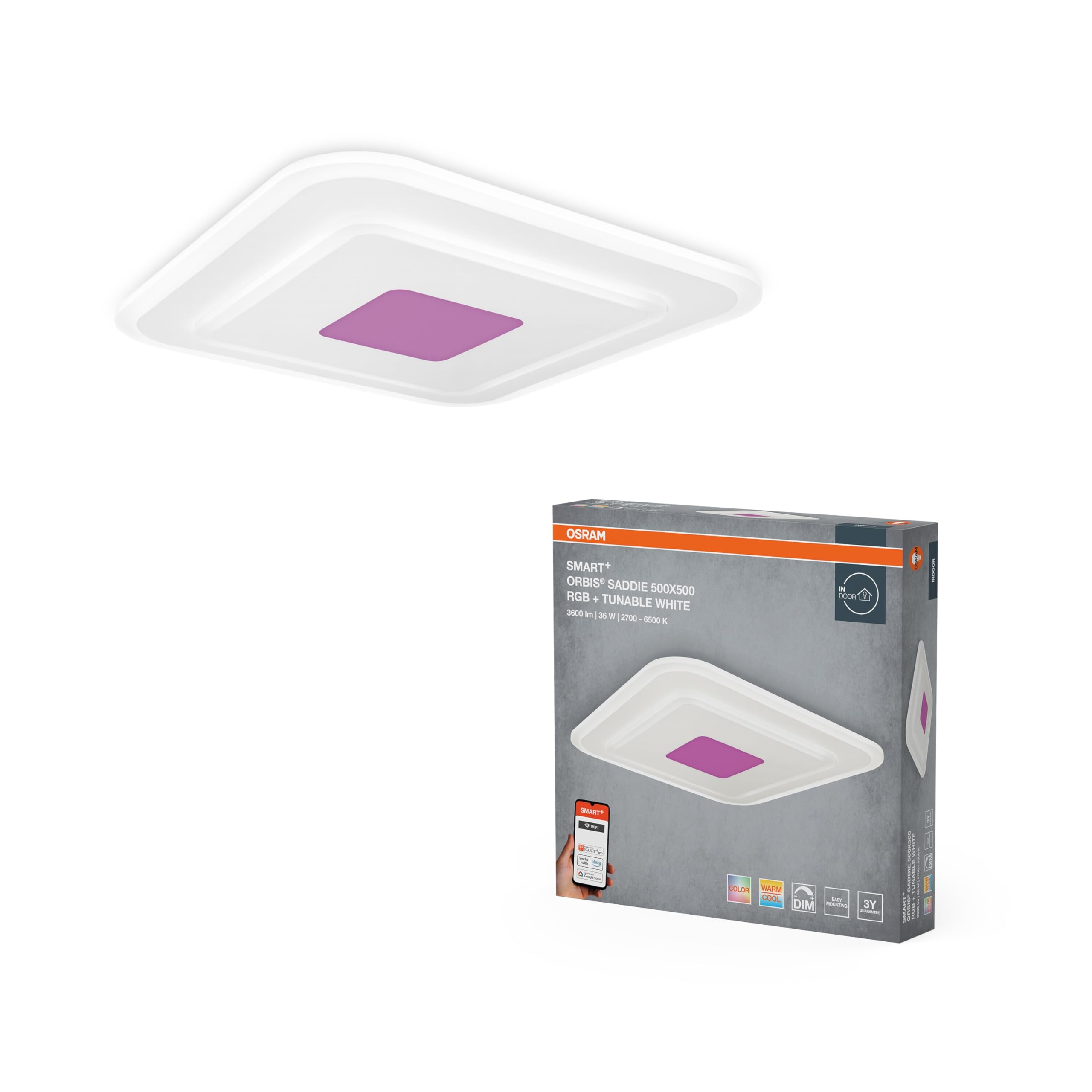 OSRAM SMART+ WiFi Orbis Saddie Plafoniera LED 500x500mm | SMART+ Wifi Orbis Saddie, Indoor Wall Lighting, Bianco, dia, 30000 h, confezione da 1