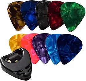 Kit 10 Palhetas Coloridas 0,71mm para Violão, Cavaco, Ukulele e Guitarra, com Porta-Palheta Adesivo