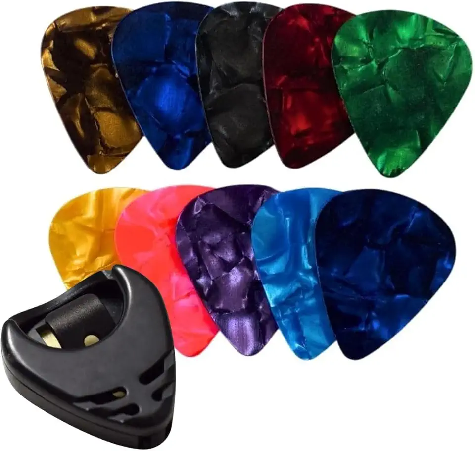 Kit 10 Palhetas Coloridas 0,71mm para Violão, Cavaco, Ukulele e Guitarra, com Porta-Palheta Adesivo
