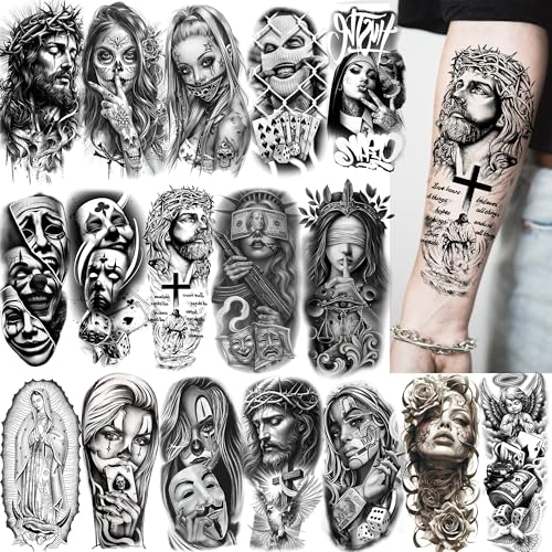 17 Sheets Robber Gangster Temporary Tattoos For Men Women Adults Chicano Tattoo Sticker, Realistic Our Lady Of Guadalupe Fake Tattoos Cholo Chola Body Art Forearm Half Arm Sleeve Tattoos Jesus Clown