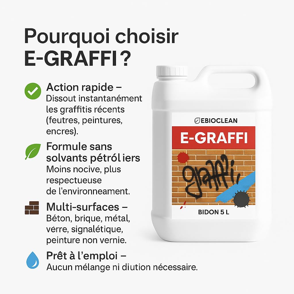 E-GRAFFI – Nettoyant Anti-Graffiti Professionnel | EBIOCLEAN | Élimine Feutres, Peintures, Façade, Panneau | Prêt à l’Emploi | Nettoyage Rapide & Sécurisé Toutes Surfaces | 5L + 1 Pulvérisateur