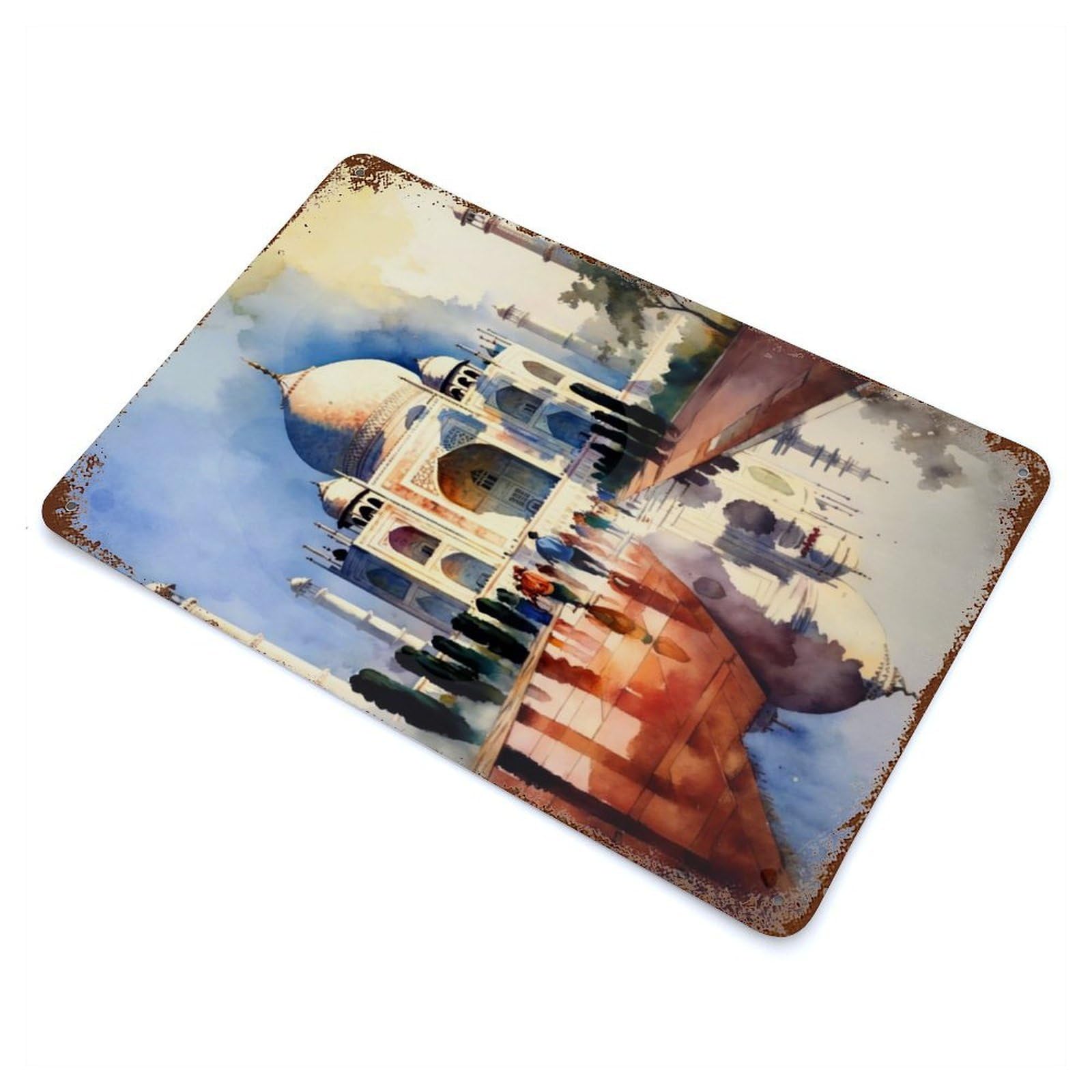 Rust Effect Watercolor Taj Mahal Vintage Rust Metal Sign 11.8"x7.9", Classic Wall Plaque for Shed, Workshop And Garage Wall Decor