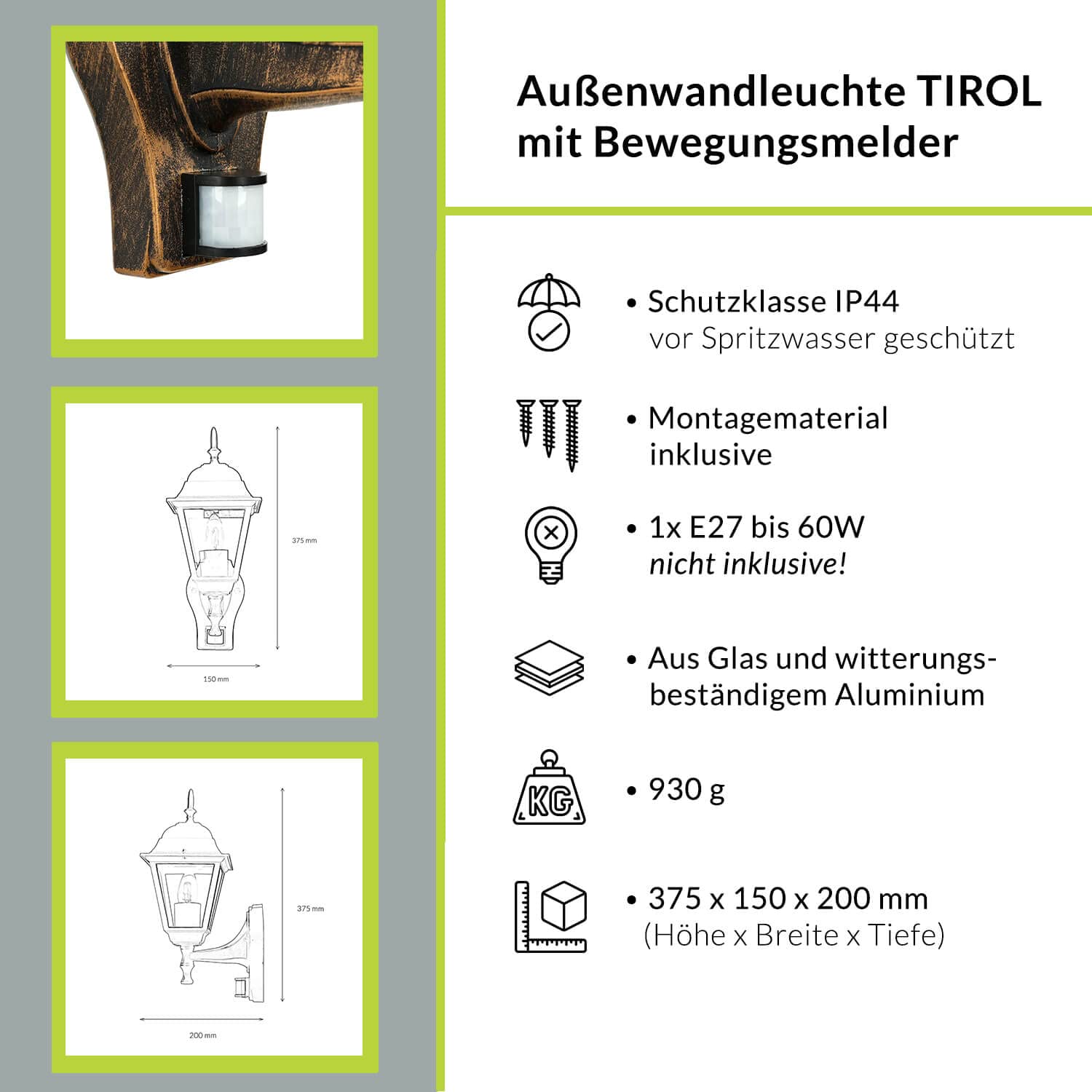 Licht-Erlebnisse Außenwandleuchte mit Bewegungsmelder Glas Aluminium in Schwarz Kupfer IP44 Garten B:15 cm E27 nostalgische Wandlaterne Outdoor TIROL