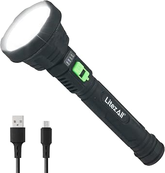 LitezAll Ultac Ultra Lite Rechargeable Flashlight 1100 Lumens Hybrid Beam, Soft Touch Grip, Weather Resistant with Battery Indicator