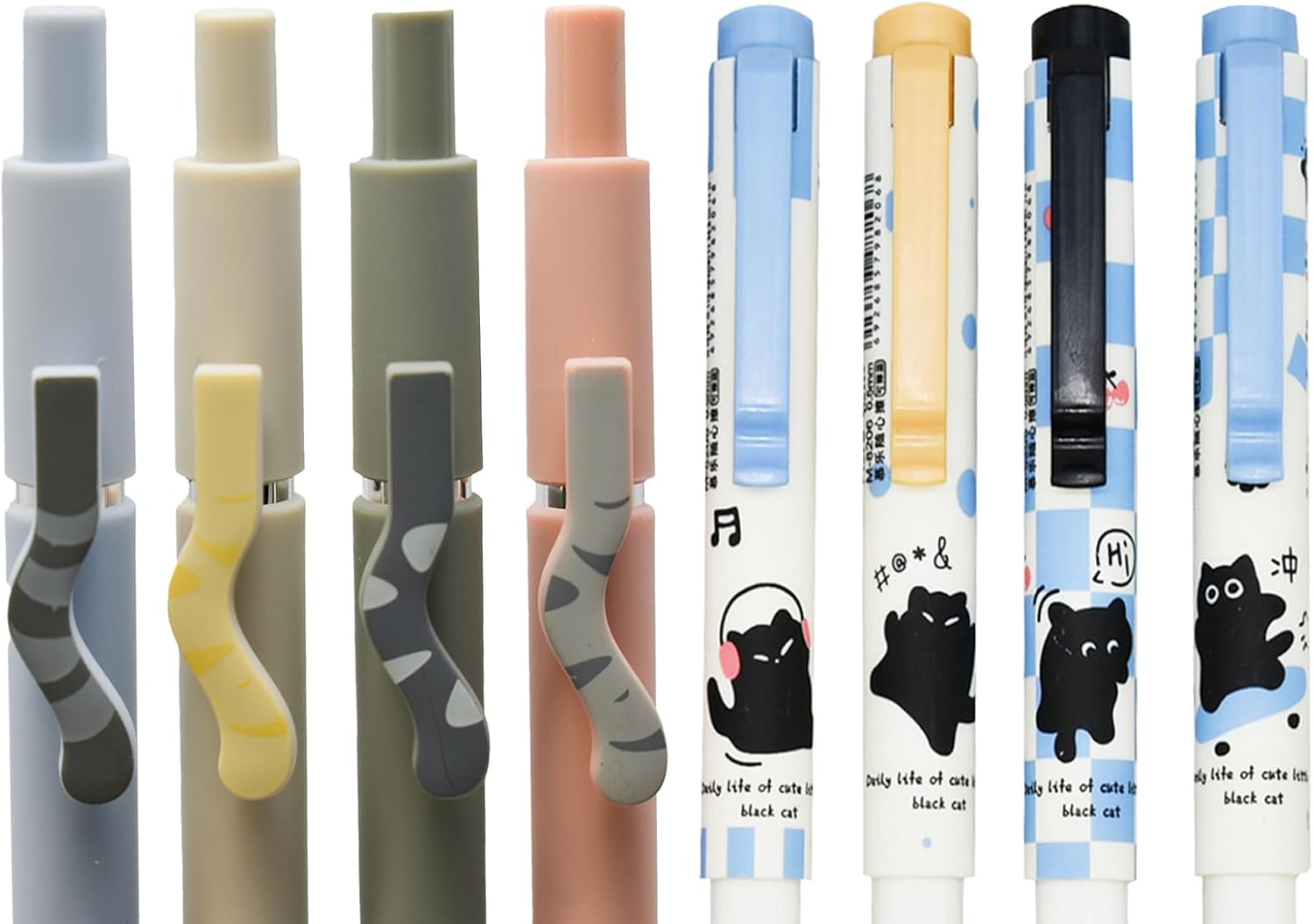 Maydahui 4 Pcs Retractable Cute Cat Tail Press Pens Black Ink and 4 Pcs Black Cat Rollerball Pens Erasable Blue Ink for Cat Lovers School Office Birthday Gifts - Image 3