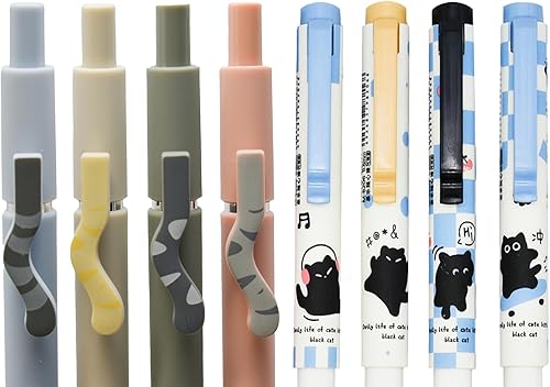 Miniatura 3 de Maydahui 4 bolígrafos retráctiles con forma de cola de gato, tinta negra y 4 bolígrafos de punta redonda de gato negro, tinta azul borrable para