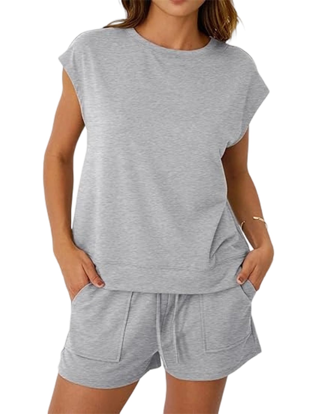 Conjuntos Chándal Mujer Verano 2 Piezas Casual Cuello Redondo Top Sin Mangas y Pantalones Cortos con Bolsillos y Cordón Ajustable Chandal Completo