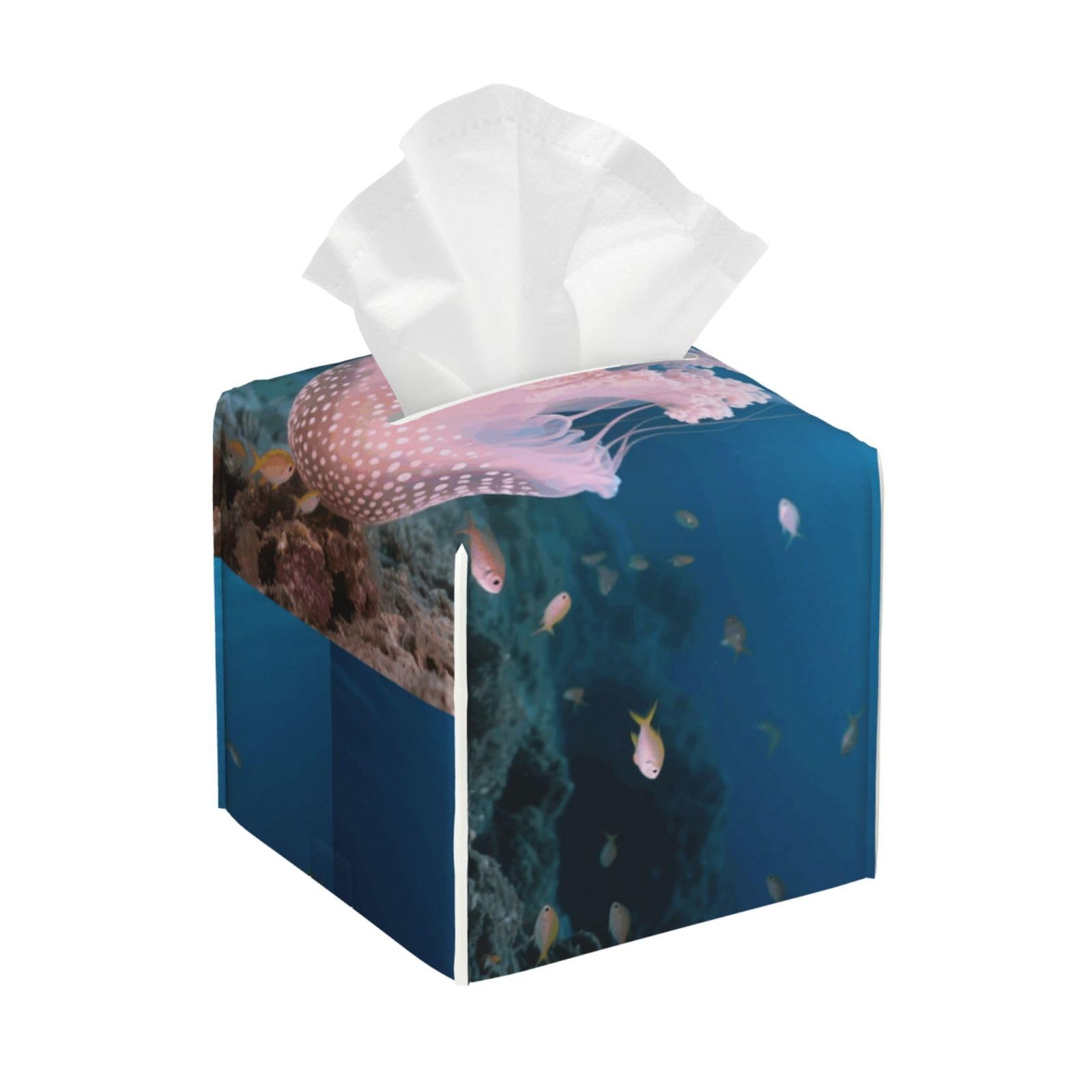Pu Leather Cube Tissue Box Holders Modern Waterproof Square Tissue Box Cover Jellyfish Facial Paper Holder for Bathroom Kitchen Nightstand Office Home Decor