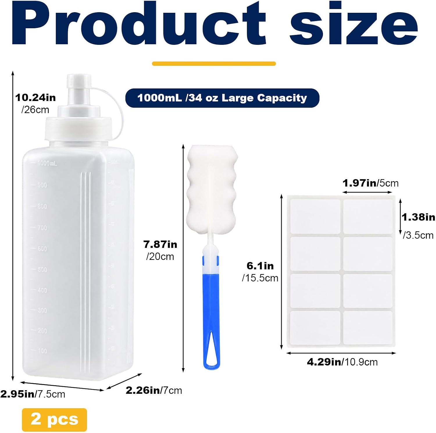 2 Pack 34 Oz Condiment Squeeze Bottles for Sauce, 0.63" Wide Mouth