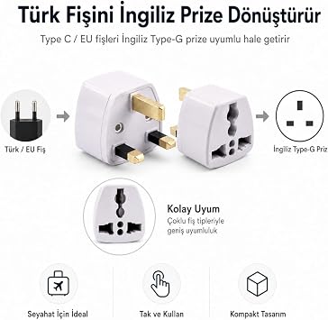 PrimeX PX-420 Türk Prizini İngiliz Prize Çevirici Adaptör, 250V Type-G UK Priz Dönüştürücü, Hac Umre ve Seyahat İçin İngiliz Tipi Priz Çevirici, Beyaz