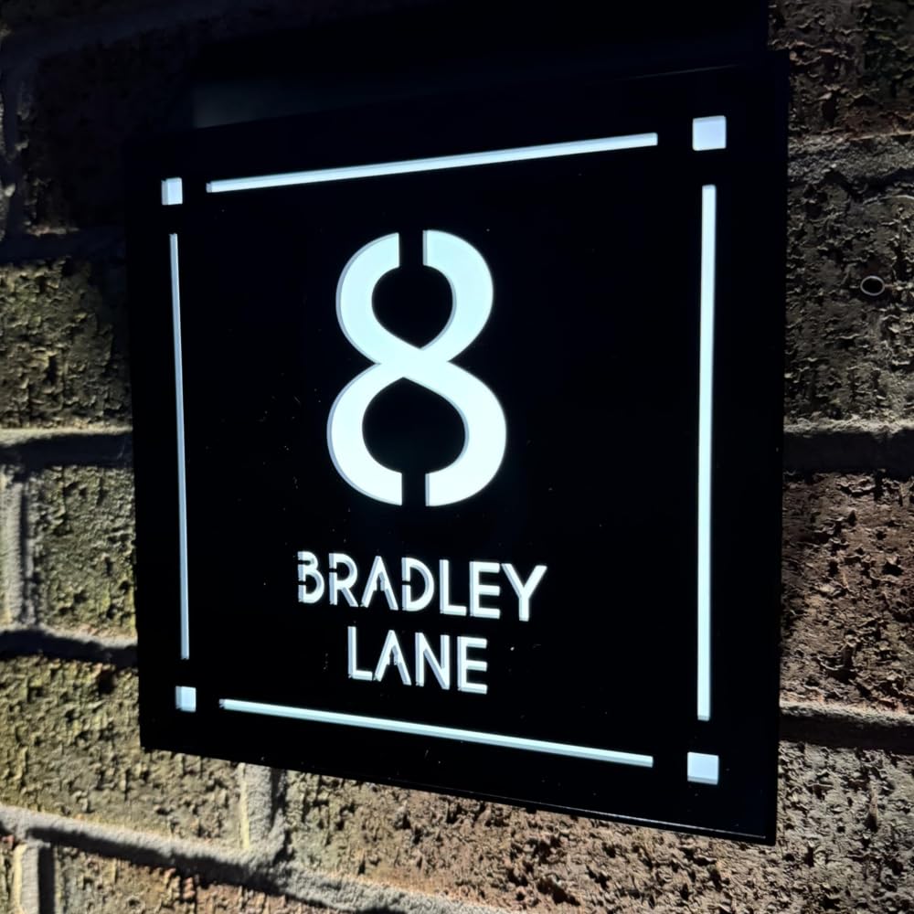 Personalised 45 LEDs Illuminate Modern Square Solar House Sign Plate, Customised Door Address Line Name Number Plaques for Gate Wall Porch Light with Address Display UV Stable Weather-proof | 18×18cm