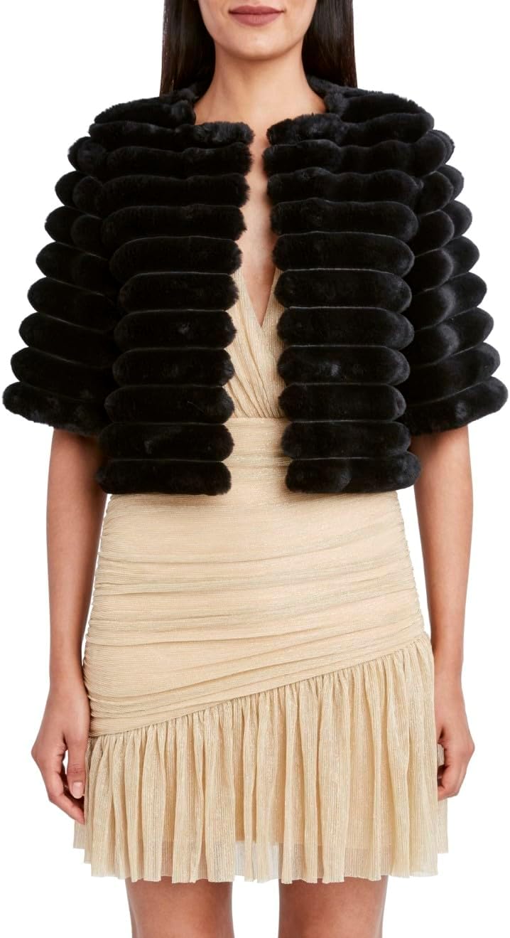BCBGMAXAZRIA Women's Crew Neck Relaxed Faux Fur Shrug With Elbow Sleeves