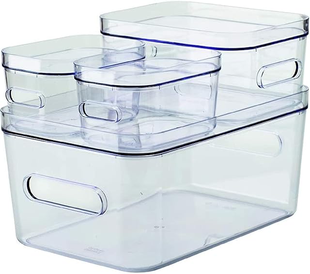 SmartStore - Clear Plastic Boxes with lids and handles - Set of 4 - Modular - Nestable and Stackable - Food Safe - Fridge, Pantry, Bathroom, Desk. Sizes: 1xM,1xS,2xXS - L:29.5 x W:19.5 x H:12 cm