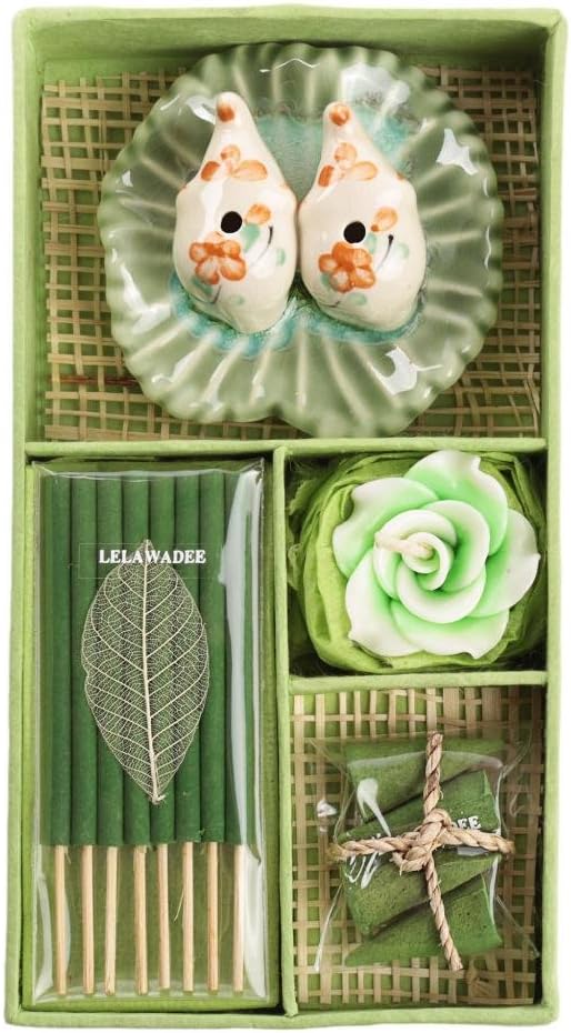 Thai Lelawadee Fragrance Incense Set with Rose Candle and Incense Holders, Sticks, and Cones - Green