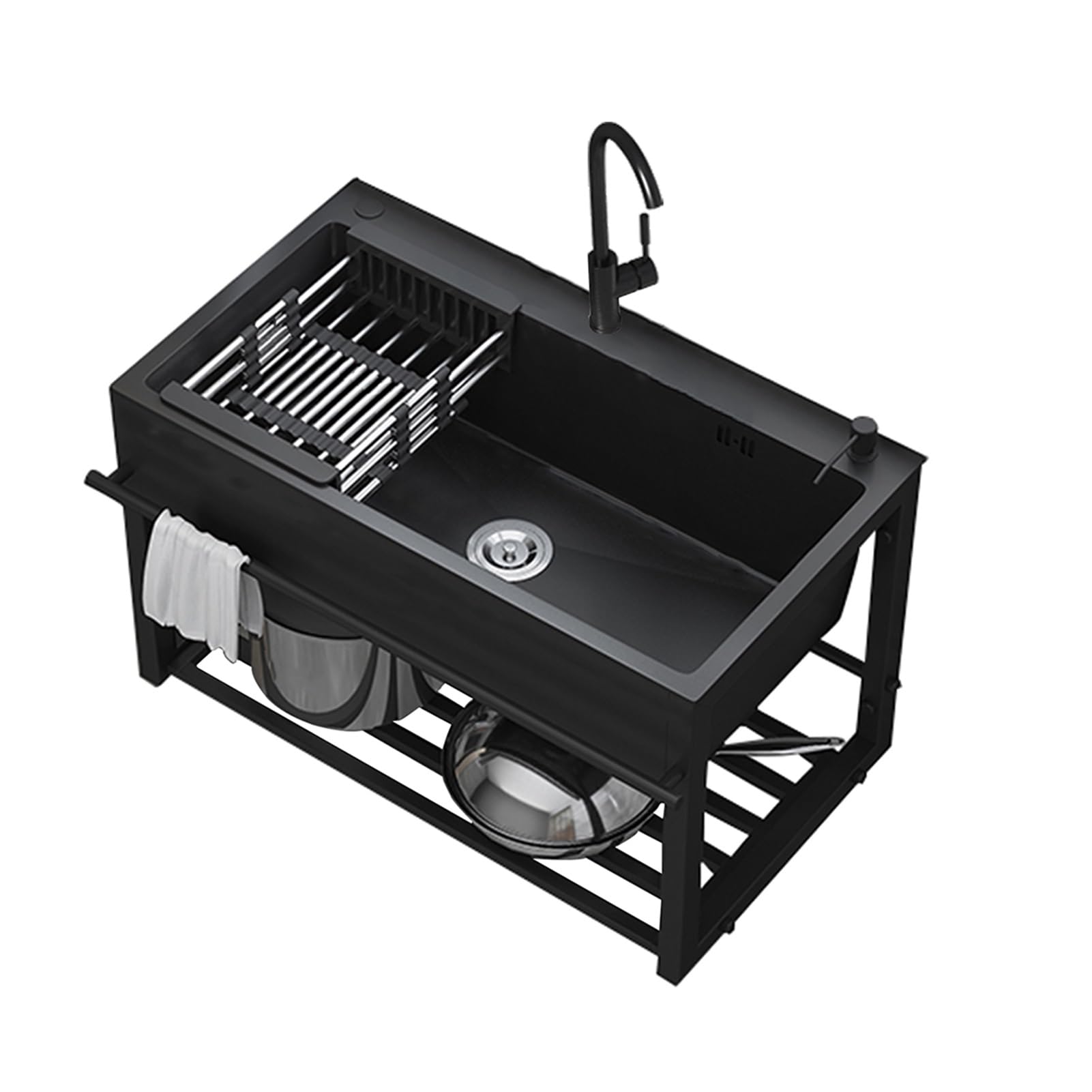 WDSOPK Single Bowl Kitchen Sink, Stainless Steel Utility Sink, Wall-Mounted Commercial Sink, Commercial Restaurant Sink with Faucet for Restaurant Home Kitchen (Black 68x45x49cm)