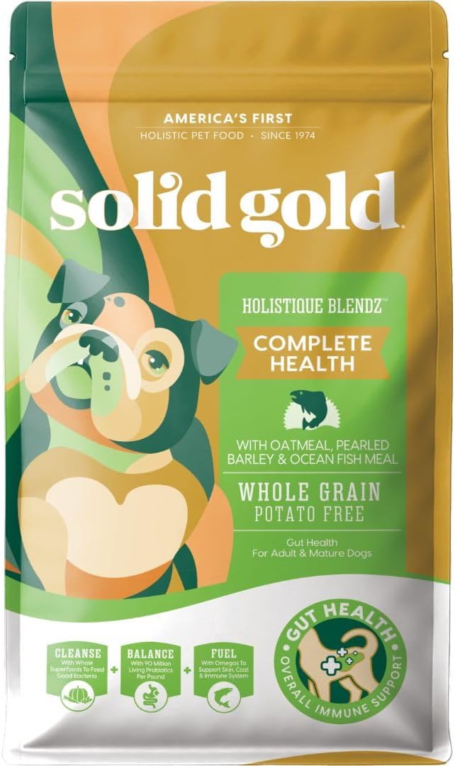 Solid Gold Dry Dog Food for Adult & Senior Dogs - with Whole Grains, Oatmeal, Pearled Barley, & Fish - Potato Free, High Fiber Adult Dog Food Dry Kibble for Sensitive Stomach & Immune Support – 4LB