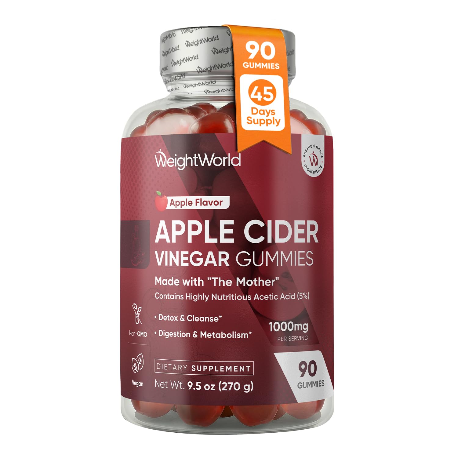 WeightWorld Apple Cider Vinegar Gummies with Mother 1000mg | 45 Days Supply