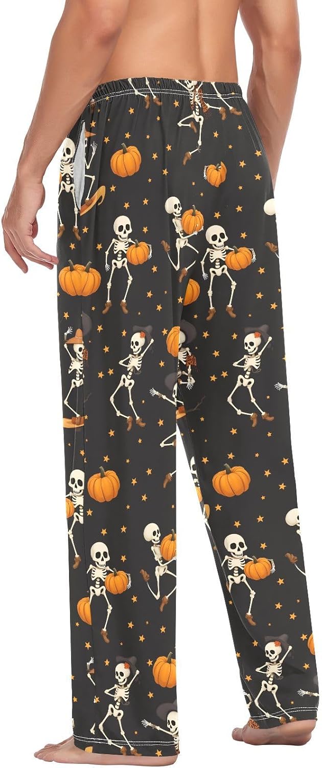 ALAZA Skull Pumpkin Star Pattern Men's Pajama Pants Men Cotton Pajama Bottoms with Pockets, S