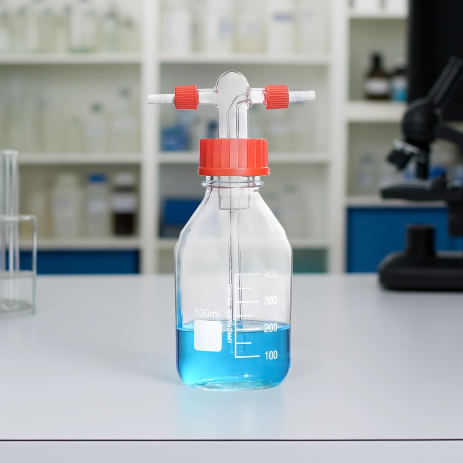 Gaswaschflasche aus Glas, 500 mL, mit GL45 Schraubverschluss, gerade Rohrführung und Skala, 83 x 180 mm, Laborflasche zum Entfernen von Gasverunreinigungen