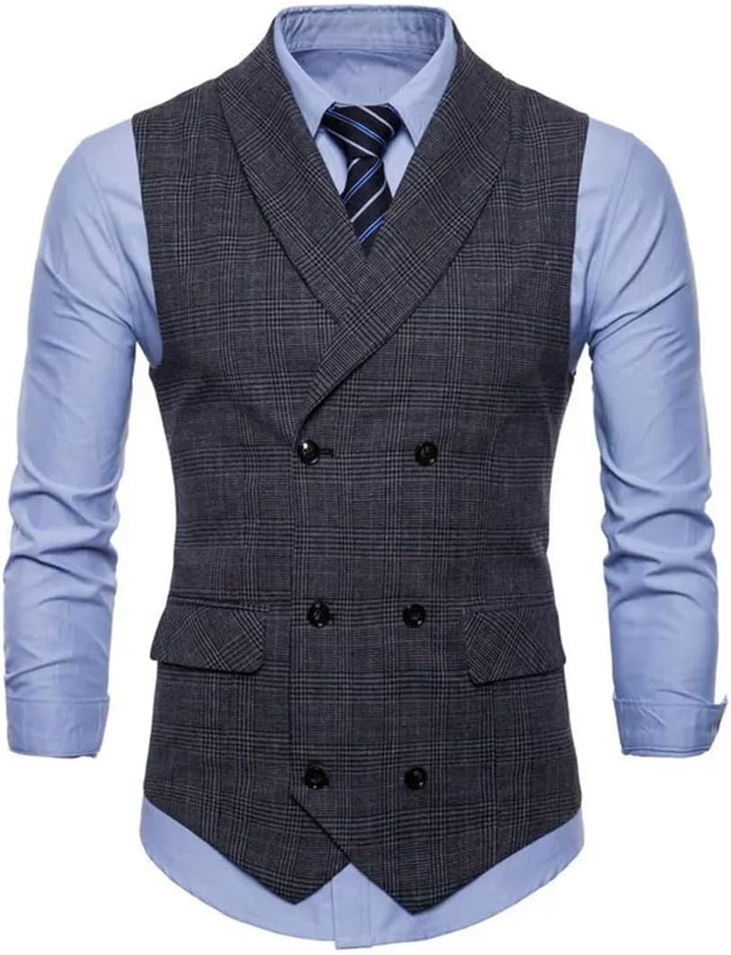 Men's Four Seasons Plaid Casual Business Suit Vest Large Size Double-Breasted Slim Vest