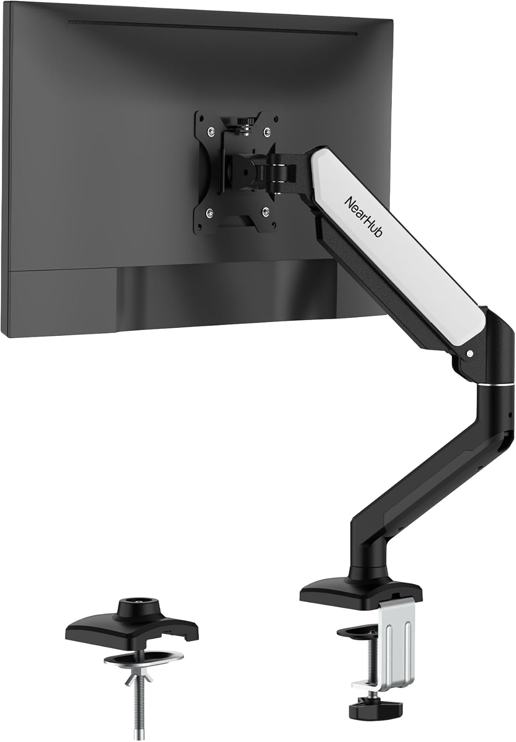 NearHub Single Monitor Mount,Each13-32  Up to 22 lbs Computer Screen,180 Swivel, Tilt +90 to -45, 360Rotation,Full Motion Adjust with C Clamp and Grommet Base,VESA Mount 75mmX75mm,100mmX100mm
