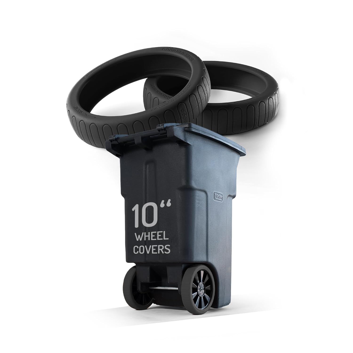 Good Neighbor Wheels - The Original Quiet Trash Can Wheel Covers, Soft, Silicone, Silent, Durable, Easy Install Set of 2 Wheel Covers (for One Trash Can) (Black, 10")