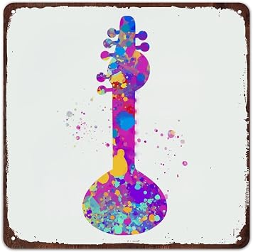 Mousus Sitar Paint Splatter Retro Metal Sign, Sitar Wall Plaque Tin Sign, Musical Instruments Sign for Office Home Classroom Wall Decor, Square 15x15 Inch