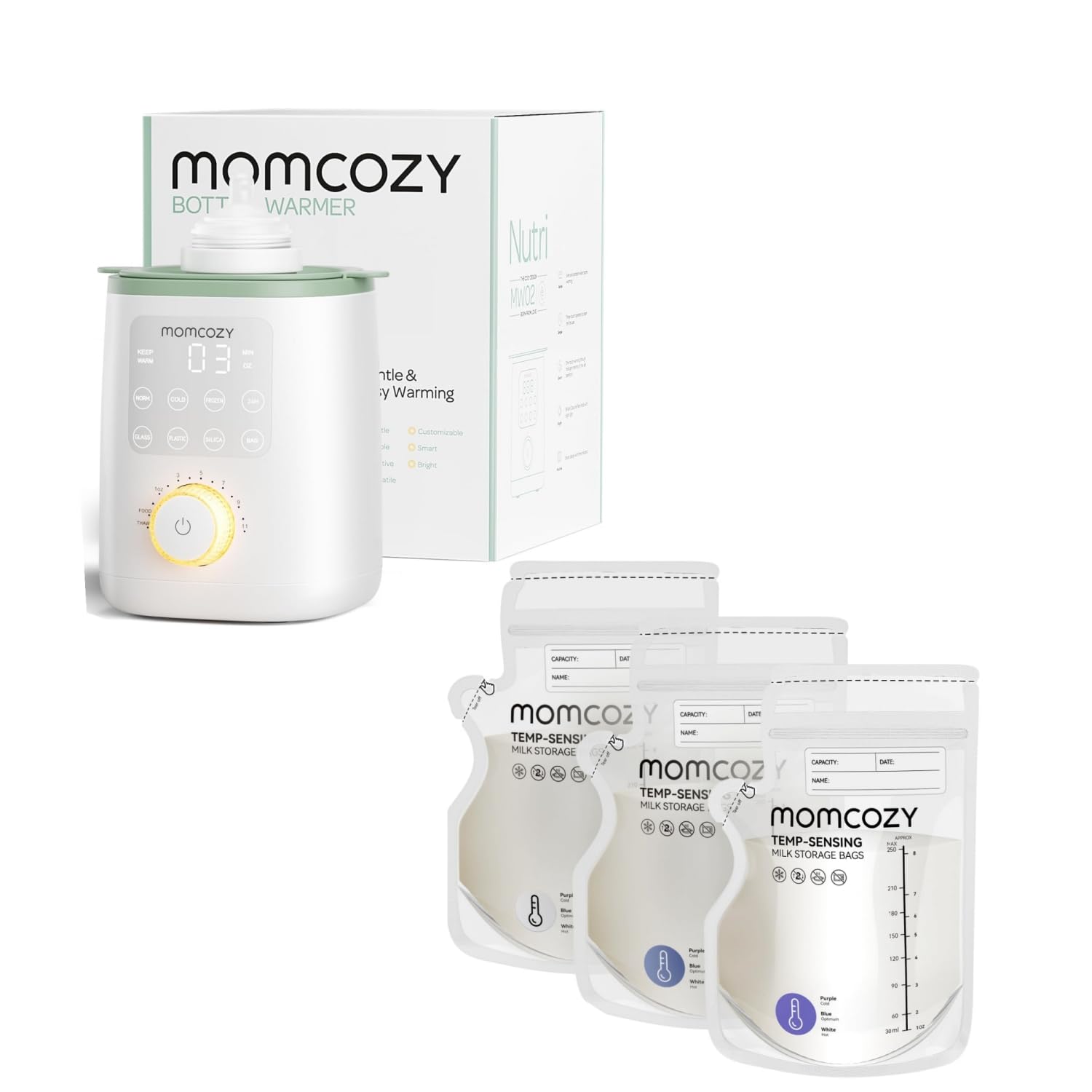 Momcozy Retain Nutrients Bottle Warmer, 9-in-1 Baby Bottle Warmer with Night Light & Momcozy Easy Pour Breastmilk Storage Bag, 8Oz, Temp-Sensing Color Change