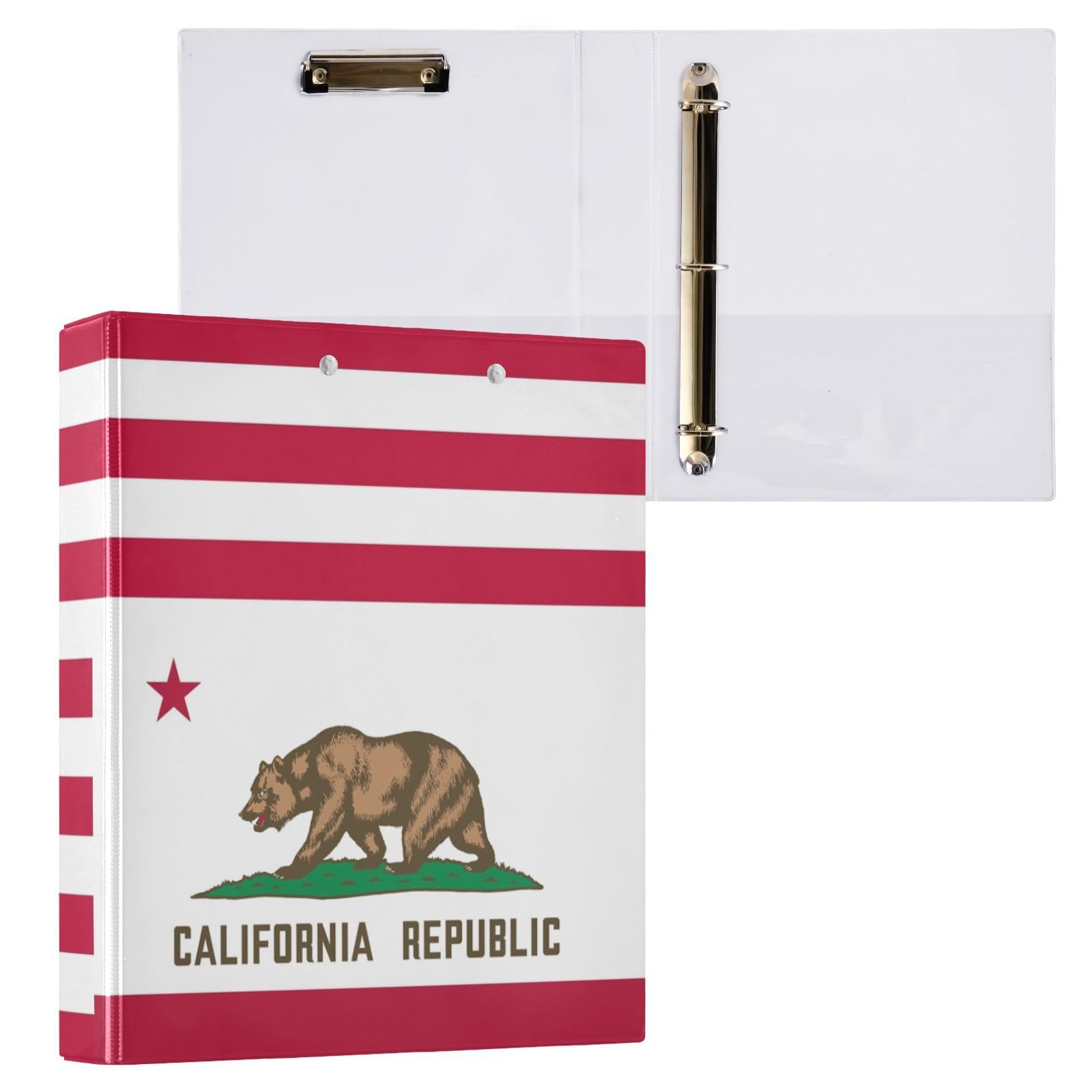 Peystean - Raccoglitore ad anelli rotondo a D da 3,8 cm, con portablocco integrato, copertina rigida stampata su un lato, confezione da 2 bandiere degli Stati Uniti California