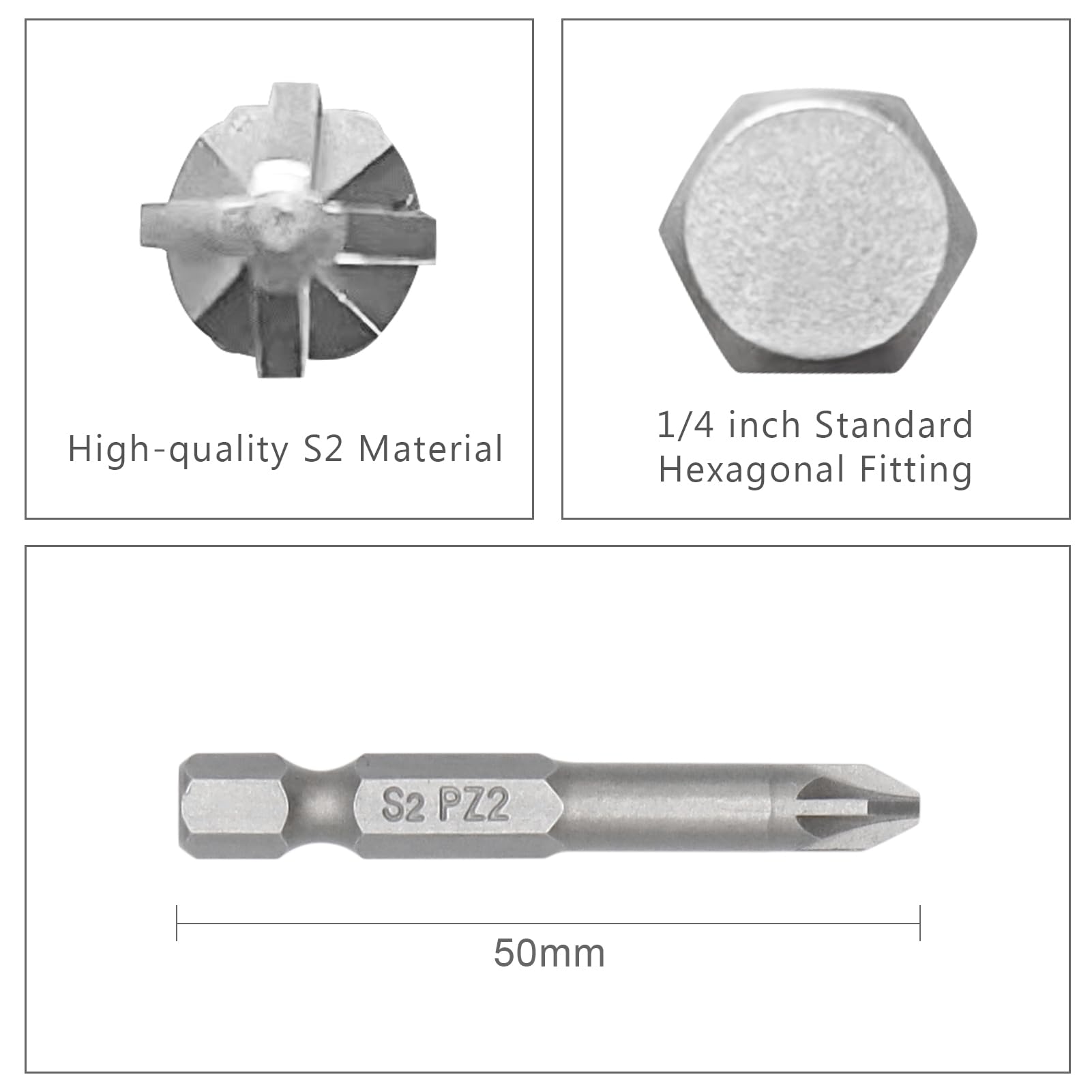 DAKCOS Juego de Puntas de Destornillador de PZ2 de 10pc Puntas Phillips, acero S2, 50mm de longitud