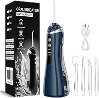 Irrigador Oral Limpeza Bucal Portátil 3 Modos De Uso 4 Bicos 220ML – Fio Dental Elétrico Recarregável com Jato de Água Dental Premium [VALUANCE] (Azul)