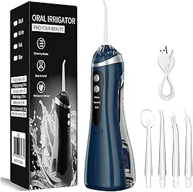 Irrigador Oral Limpeza Bucal Portátil 3 Modos De Uso 4 Bicos 220ML – Fio Dental Elétrico Recarregável com Jato de Água Dental Premium [VALUANCE] (Azul)