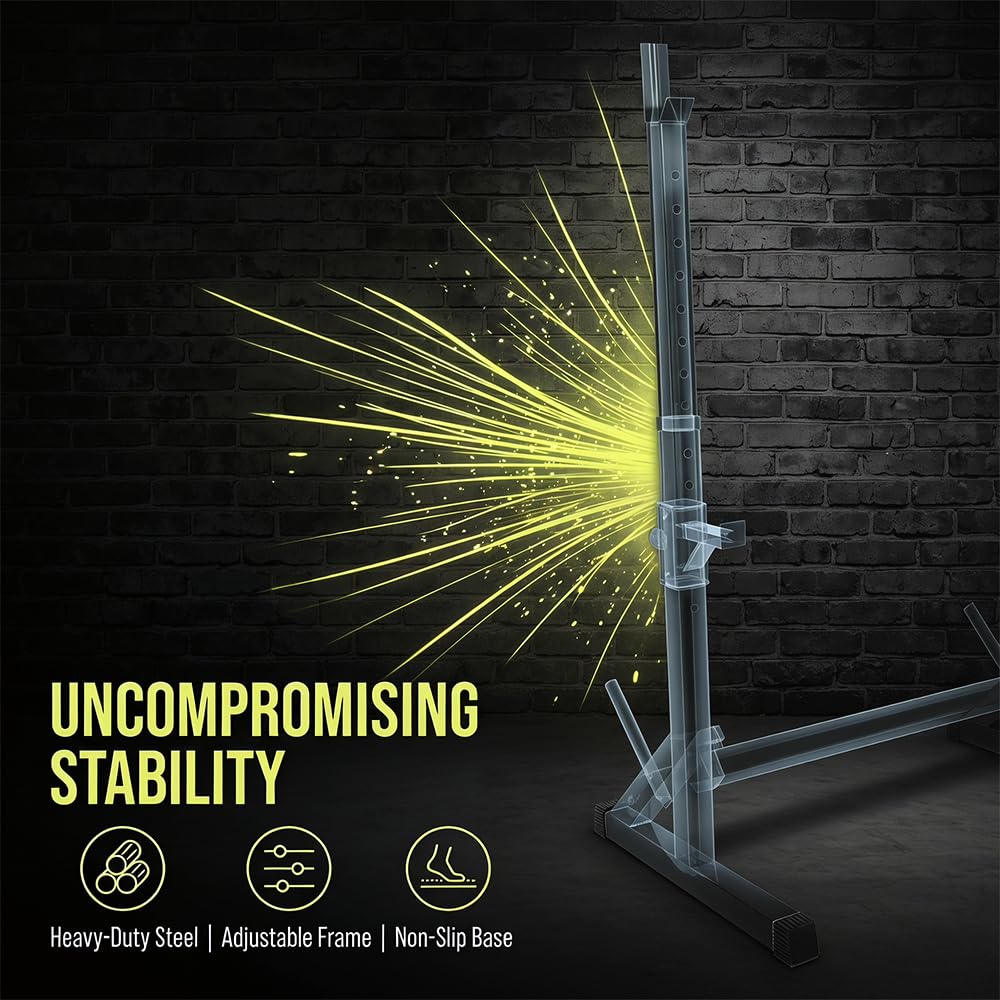 Stojak na hantle Squat Rack, regulowany 80-150 cm, długa sztanga z podpórką zabezpieczającą, do przysiadów i wyciskania ławki w domu, stabilna konstrukcja trójkątna