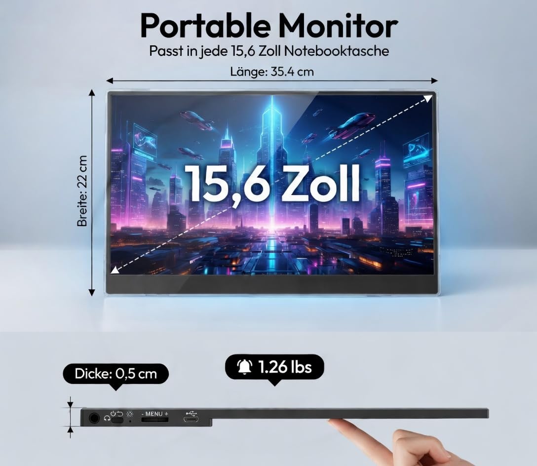 HONGO 15,6 Zoll Tragbarer Monitor, 1080P FHD IPS Bildschirm-Erweiterung mit Tischklemme & Lautsprechern, USB-C HDMI Plug & Play für Laptop, Handy, Spielkonsolen