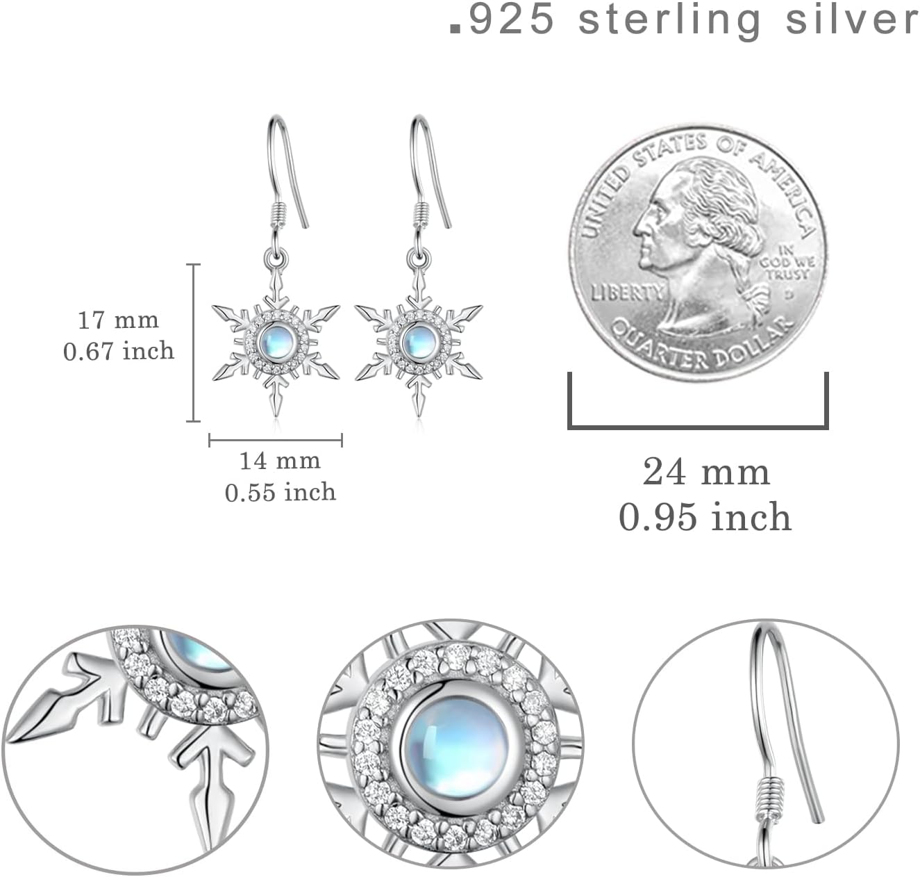 Christmas Snowflake Earrings Sterling Silver Moonstone Snowflake Dangle Drop Earring Christmas Jewelry Gifts for Women - Image 4