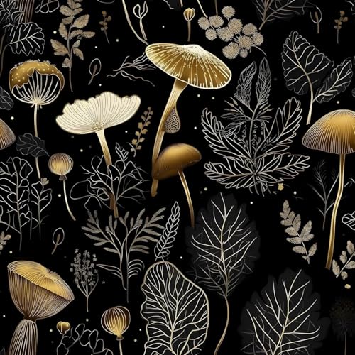 Laatse Dark Mushroom Wallpaper Peel and Stick 17.5" x 197",Black Gold