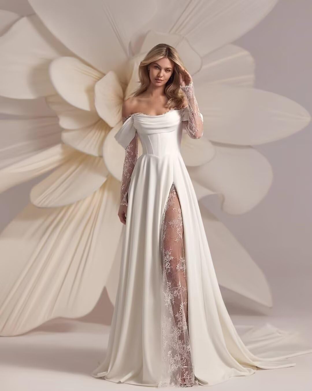 Rjer Off Shoulder Satin Wedding Dresses for Bride Lace Long Sleeve Prom Dresses Ball Gown