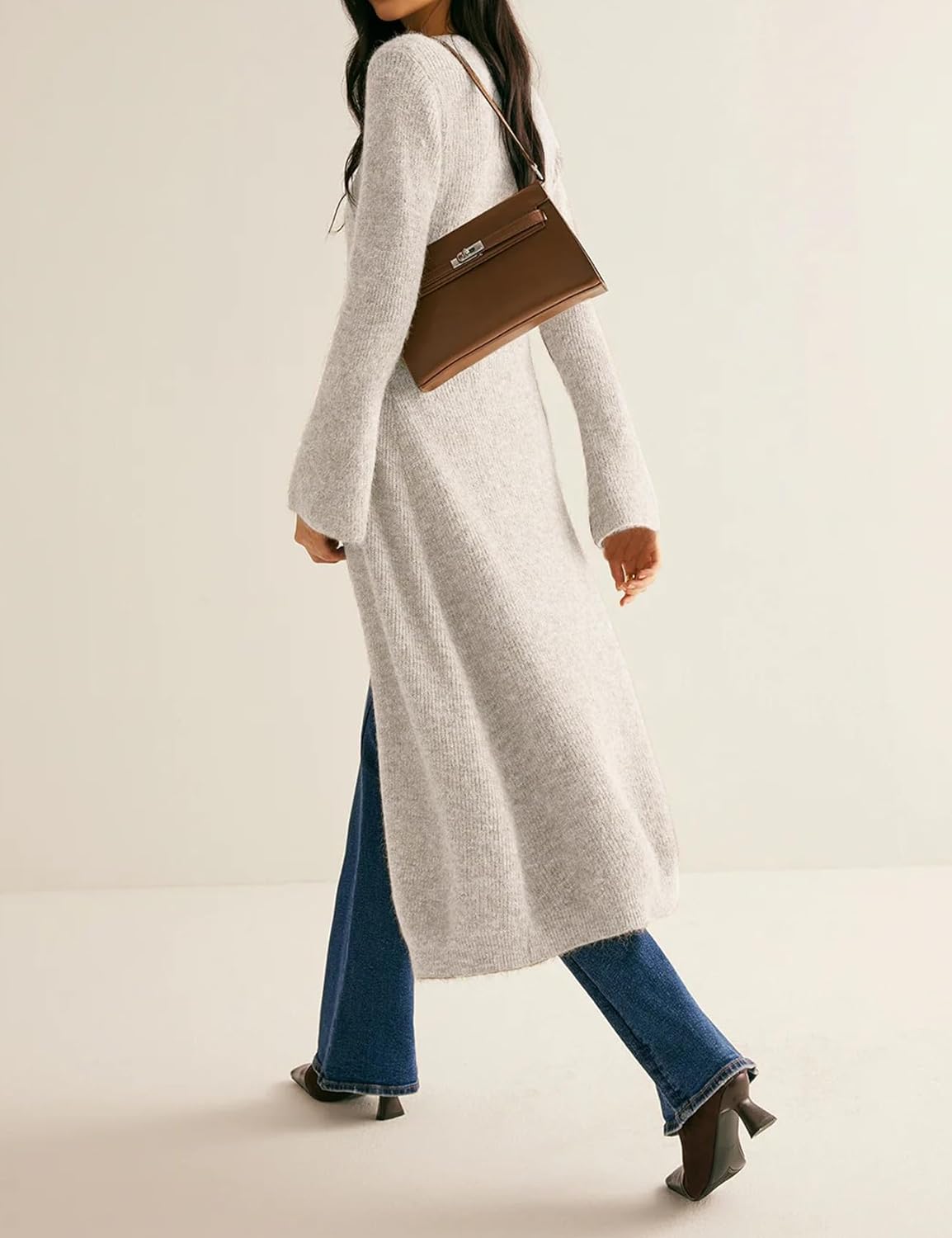 Womens Long Cardigan Sweaters Button Down Bell Sleeve Open Front Ribbed Knit Midi Dress Fall Trendy Outfits - Image 6