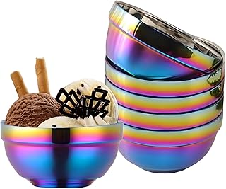 Rainbow Bowl Set of 6, 304 Stainless Steel Dinnerware Metal Double-walled Insulated Cereal Bowls for Eating Kitchen, Dishwasher Safe and Unbreakable