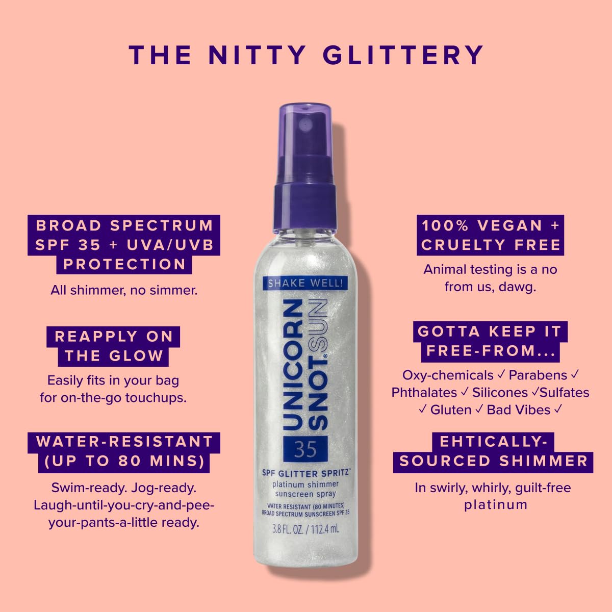 Unicorn Snot Glitter Sunscreen Spritz - SPF 35 Shimmering, Lightweight Spray Sunscreen for Face & Body Glow - UVA/UVB Protection - Water Resistant, Unscented - Made in USA - Platinum Shimmer