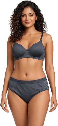 HETIERS Women Cotton Elastane Lingerie Set | Lightly Padded T-Shirt Bra & Hipster Panty Set | Soft Stretch Fabric, Everyda...